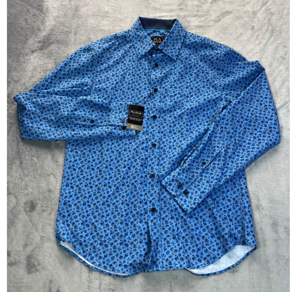 Jos A Bank Traveler Performance Shirt Mens Med Slim Fit Blue Floral 4way stretch